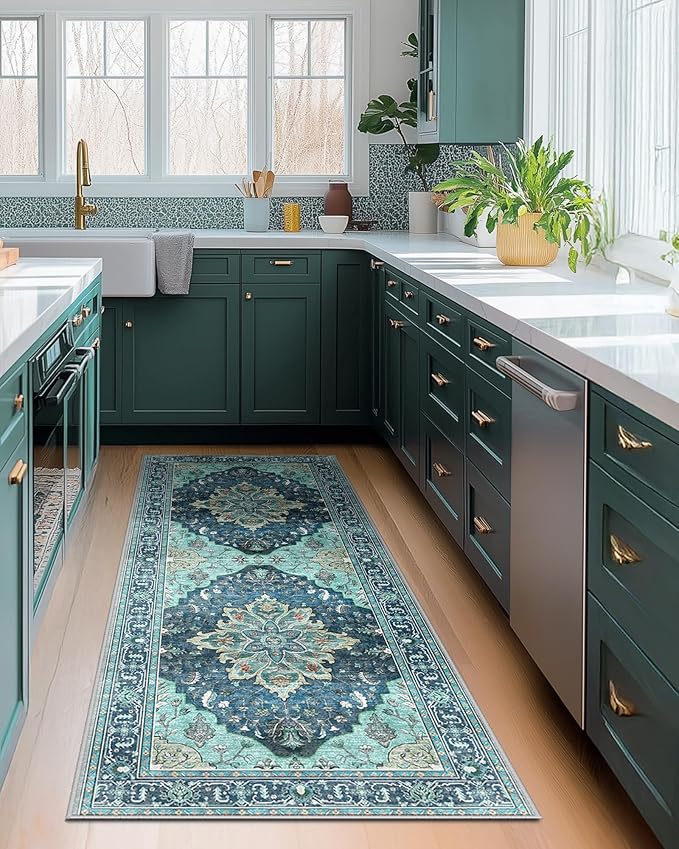 RELEANY Area Rugs Runner 2'x6' Washable Non-Slip, Floral Vintage Distress Medallion Carpet for Kitchen Hallway Bedroom Beside Laundry Room Bathroom, Teal Green Lake Blue Turquoise