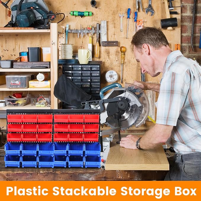 MaxWorks Wall Mount Storage Rack 30 Bin Heavy‑Duty Organizer for Nuts Bolts Screws Nails Beads Buttons and Small Parts for Garage Home and Workshop Blue and Red Bins (80694)