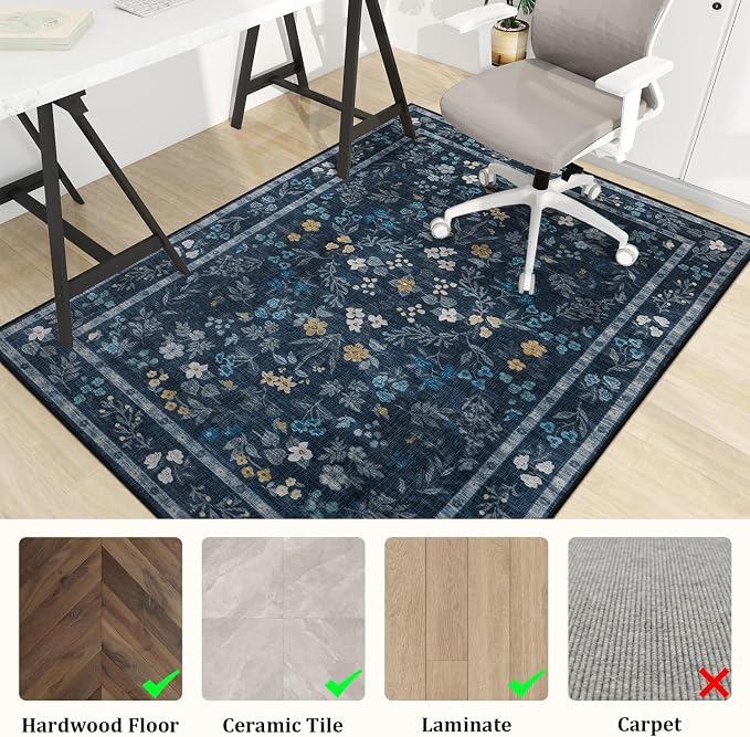 chakme Office Chair Mat for Hardwood Floor, 72"x48" Easy Glide Computer Desk Mat Protector for Rolling Chair Under Desk Rug Nonslip Backing, Machine Wash, (Floral)