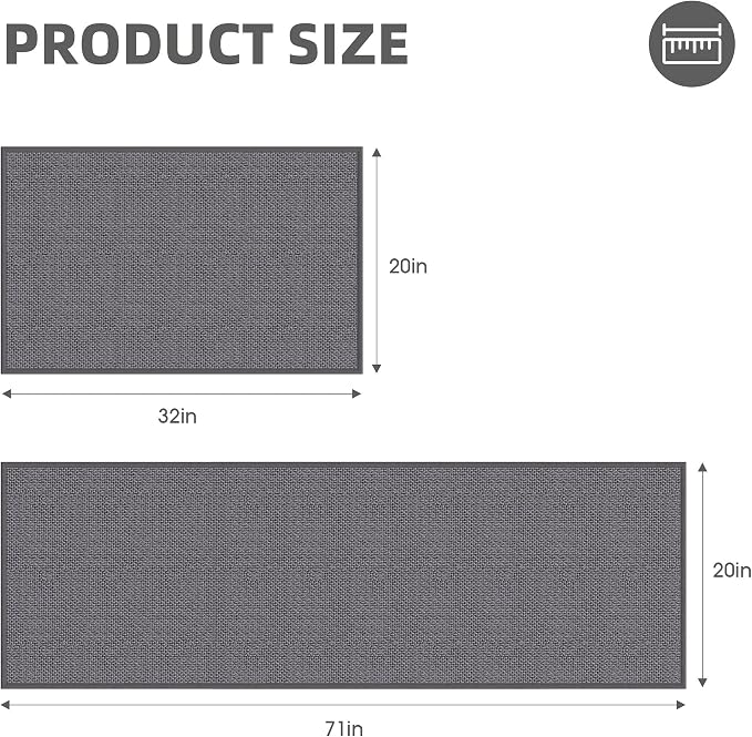 Kitchen Mats for Floor 2 Piece - Kitchen Rugs Non Slip Washable 20"x32"+20"x71", Grey