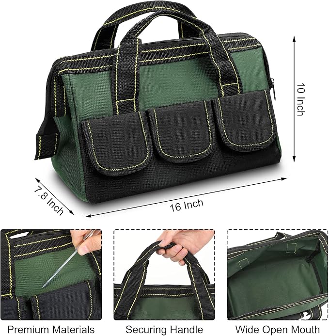 Sanwuta 3 Pack Tool Bag for Men with Waterproof Hard Bottom, Heavy Duty Tool Bag Wide Mouth Tote for Various Instrument, Electrician Carpenter Mechanic(Red, Army Green, Blue,16 Inch,Classic)
