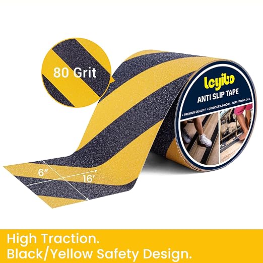 Anti Slip Tape, 6 Inch x 16 Ft Grip Tape for Stairs Outdoor/Indoor, Waterproof Non Skid Roll for Stair Treads Non Slip, High Traction Friction Abrasive Adhesive Stair Step, Caution Yellow/Black
