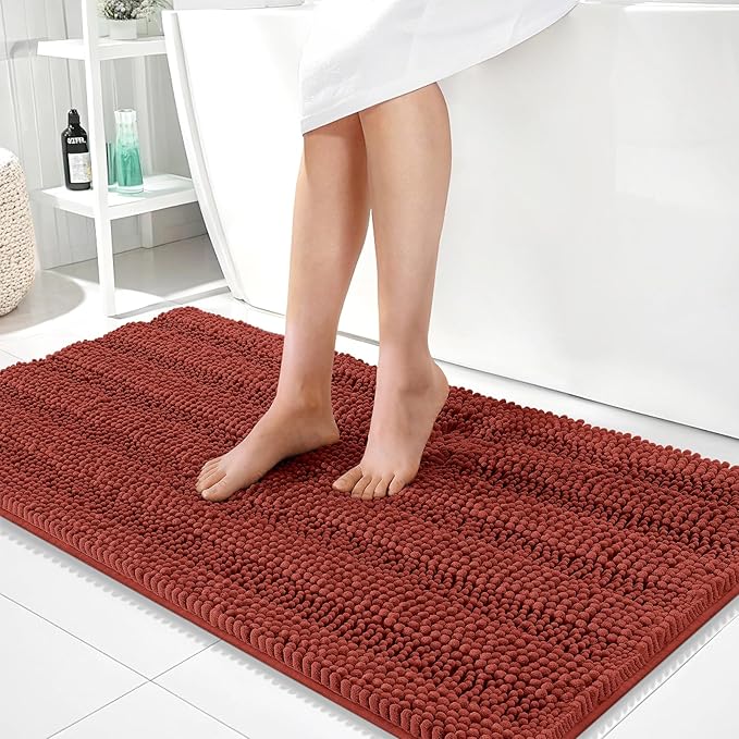 OLANLY Thick Bathroom Runner Rugs 44x24, Absorbent Chenille Striped Bath Rugs, Rubber Backing, Machine Wash, Long Bath Mats for Bathroom, Tub and Shower, Home Decor Accessories, Rustic Terracotta