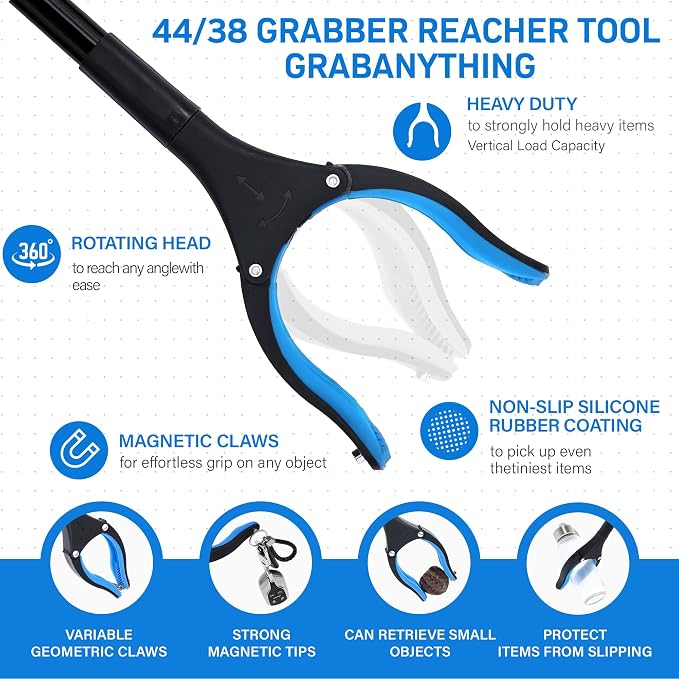 GrabRunner 38 Inch & 44 Inch Extra Long Grabber Reacher Tool Set – Extendable Reacher Grabber Pickup Tools for Seniors, Disabled and Hard-to-Reach Areas, Ergonomic Grip & Lightweight Design（Blue）