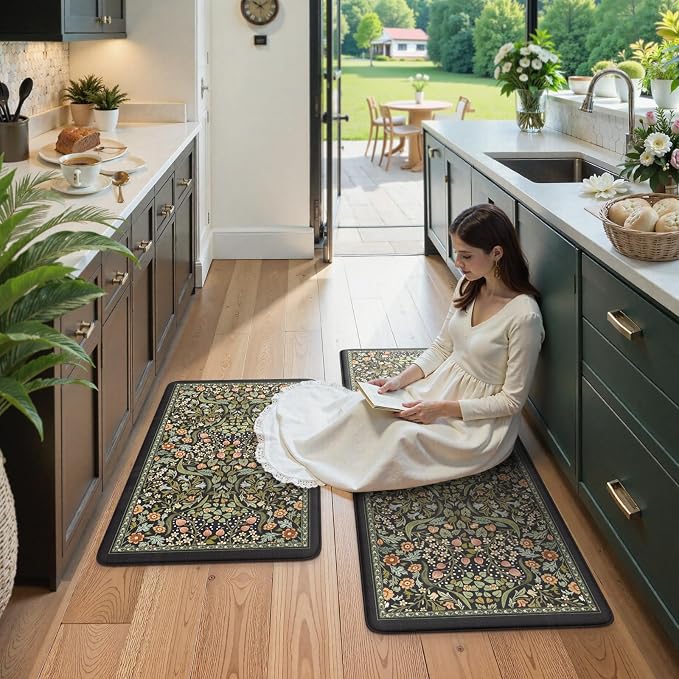 Collive Kitchen Floor Mat Cushioned Anti Fatigue, Boho Floral Desk Mats Non Skid Waterproof Kitchen Sink Rugs Sets of 2, Memory Foam Comfort Standing Carpet for Office, 20" x 47" + 20" x 32", Black