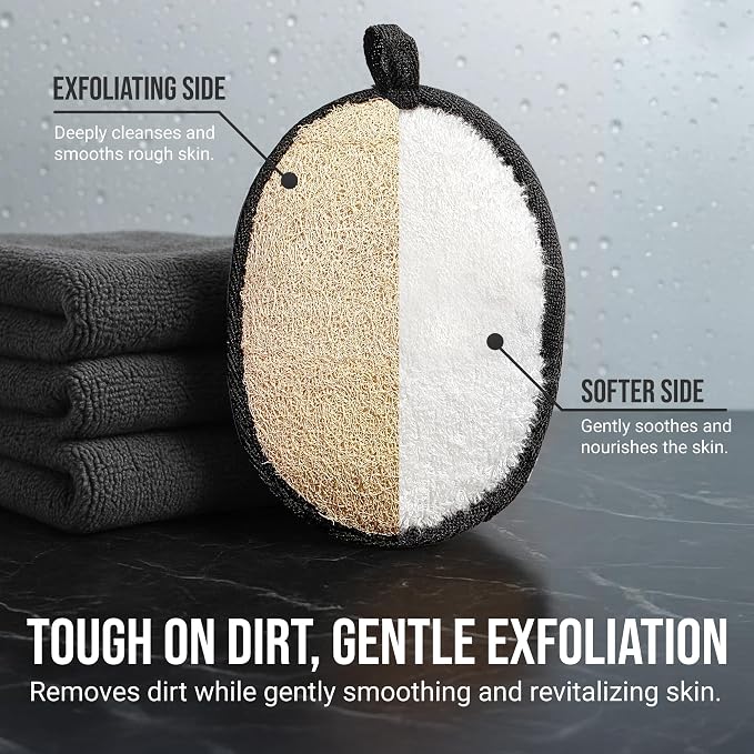 SERRENTO Loofah Body Scrubber Back Scrubber - Egyptian Luffa Shower Sponge for Men, Bath Sponge Exfoliator, Body Wash Scrub Tool, Loofa Louffa Bath Accessories, 2PCS Black & White Set