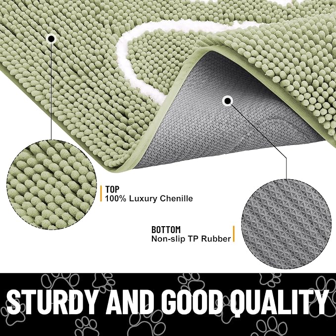 Smiry Dog Door Mat for Muddy Paws, Absorbent Dirt Trapper Non Slip Quick Dry Washable Chenille Mat for Mud Dogs, Entry Rug for Indoor and Outdoor (40x32 Inches, Sage Green and White)