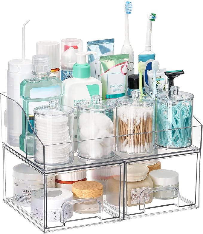 Vtopmart 7 PCS Bathroom Countertop Organizer, 1 Divided Tray with 4 Qtip Holder Jars and 2 Drawers, Restroom Clear Organizers for Toothbrush, Cotton Pads, Vanity Accessories Storage Set