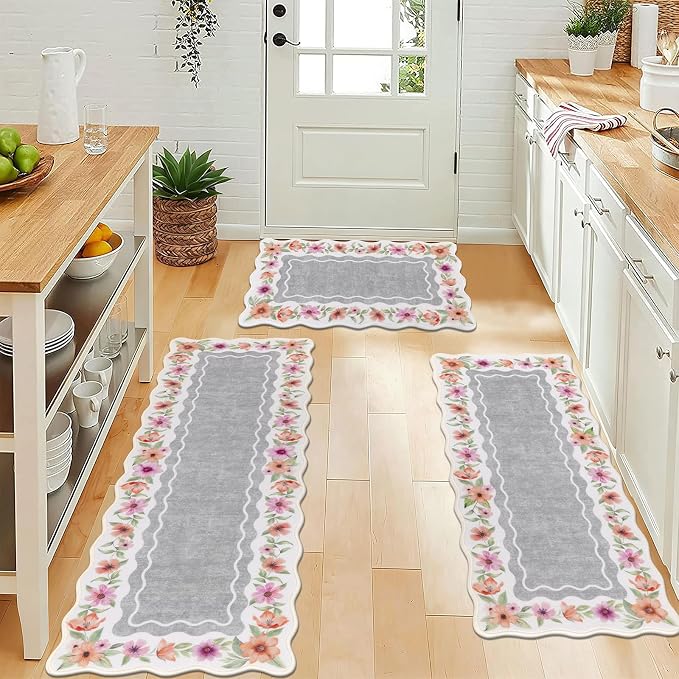 Vaukki Boho Kitchen Rug Sets 3 Pieces, Washable Kitchen Mats for Floor, Non Slip Soft Kitchen Area Rug Floor Mat for Kitchen, Laundry Room and Hallway (Flower-Grey, 20''x32''+20''x47''+20''x59'')