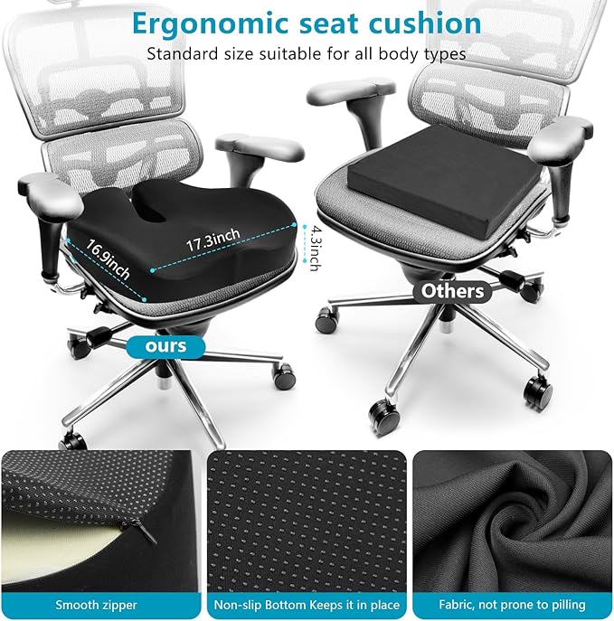 Seat Cushions for Office Chairs & Hip Pain Relief, Extra-Dense Coccyx Cushion with Sciatica Support, Ergonomic Design for Desk Chair, Car, Wheelchair, All-Day Comfort (Black)