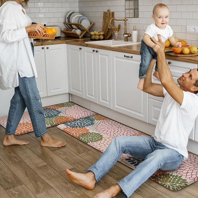 Kitchen Rugs and Mats Cushioned Anti Fatigue Kitchen Mat 2PCS Non-Skid Waterproof Kitchen Runner Rug Comfort Foam Standing Mat for Floors,Office,Laundry,Sink,Floral