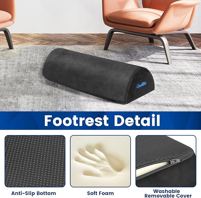 CloudBliss Foot Rest for Under Desk at Work,Office Desk Accessories with Soft Foam and Washable Removable Cover, Foot Stool for Office, Car, Home to Foot Support and Relax Ankles, Gray, Long