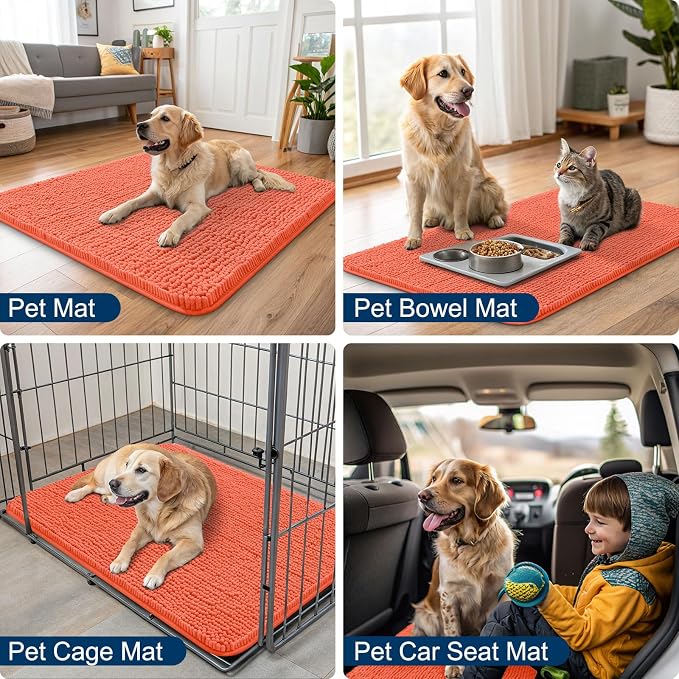 Smiry Dog Door Mat for Muddy Paws 48x30, Absorbent Dirt Trapper, Non-Slip Washable Chenille Entryway Rug for Inside Floor, Coral, Classic Solid