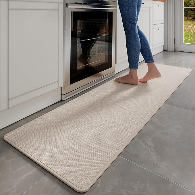 YDKGL Kitchen Mats for Floor, Super Absorbent Kitchen Rugs Non Slip Washable, Soft Imitation Linen Braided Runner Rug, Standing Mat Kitchen Sink Mat, Easy to Clean, Beige 17x71
