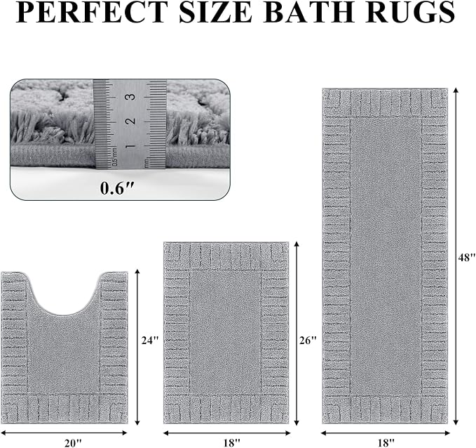 Pauwer Bathroom Rugs Sets 3 Piece Bathroom Shower Rugs with U-Shaped Contour Toilet Mat Absorbent Microfiber Plush Bath Mats Non Slip Bath Rugs Machine Washable Shaggy Bath Mat Set, Light Grey