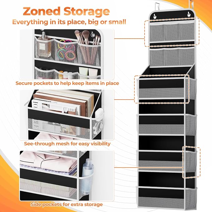SpaceHacks 6-Tier Over the Door Organizer with Mesh Pockets, Baby Nursery Storage for Closet, Bathroom and Bedroom, Adjustable Hanging Closet Organizer for Cosmetics, Books and Essentials (Black)