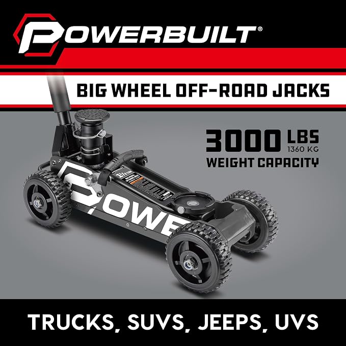 Powerbuilt 1.5 Ton Big Wheel Off Road Jack, Vehicle Lift for Trucks, SUVs, ATVs Offroad Vehicles, Oversized Wheels for Rugged Terrain, 3000 LB Capacity, Grey 620627ECE