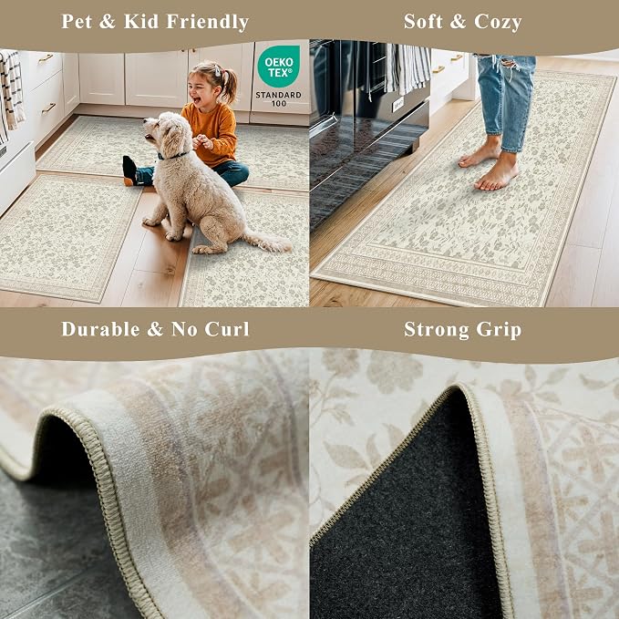 Kitchen Rug Sets 3 Piece, Washable Non-Slip Farmhouse Kitchen Mats for Hardwood Floor, Rustic Floral Boho Runner Rug for Sink,Entryway & Hallway & Bathroom (Beige/Floral,2x3-2x4-2x5)