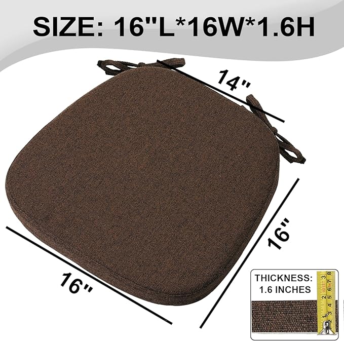 SINOSSO 4 Pack Memory Foam Chair Cushions for Dining Chairs, Friendly Woven Fabric 16" U-Shape Comfortable Kitchen Chair Pads, Removable Slip Resistant Seat Cushions (Set of 4, Dark Brown)