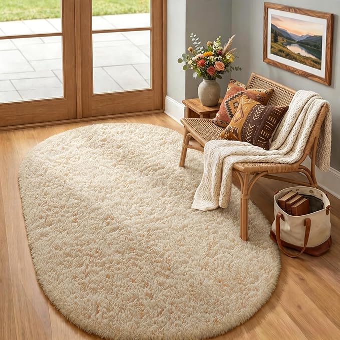 Ophanie 4x6 Oval Beige Rugs for Bedroom Living Room, Fluffy Fuzzy Furry Carpet, Plush Soft Shaggy Bedside Indoor Floor Area Rug for Kids Girls Boys Baby Teen Dorm Nursery Home Decor Aesthetic
