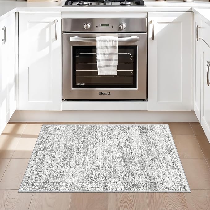 Washable Rug 2x3 for Entryway, Small Non-Slip Kitchen Throw Mat for Sink, Soft Low-Pile Stain & Fade-Resistant Indoor Mat for Pet Area & Bathroom (Grey/Ivory)