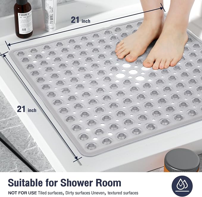 Square Shower Bathtub Mat Non Slip for Inside Shower Clear Grey 21x21 Inch, Shower Stall Mats for Bathroom Floor, Soft Bath Mat for Tub with Big Suction Cups Drain Holes, Easy Washable Dry