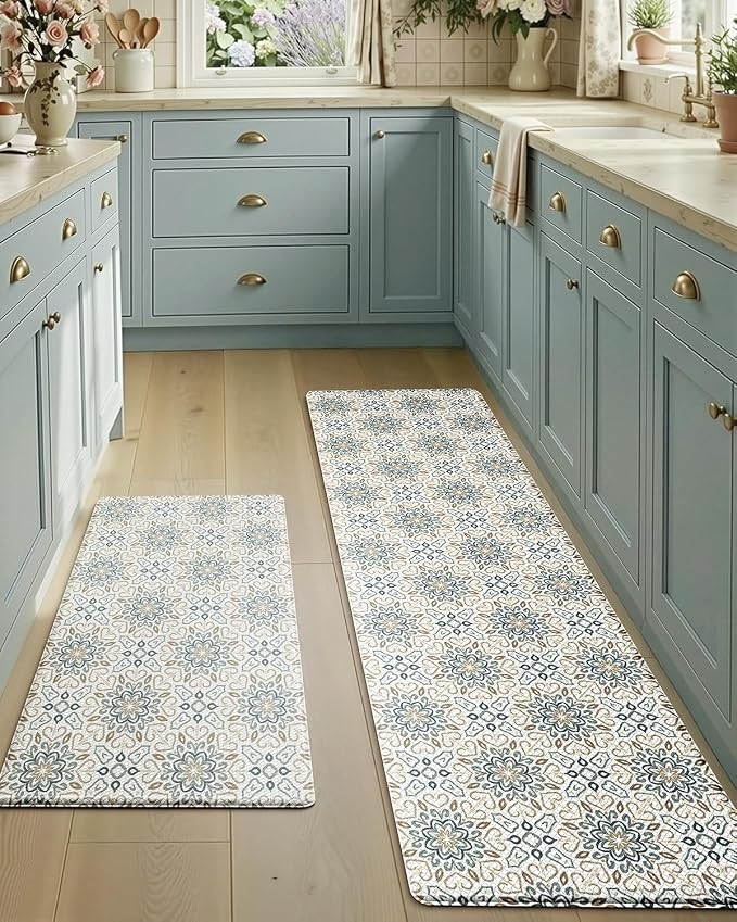 LUMI Anti-Fatigue Kitchen Floor Mats Set of 2,Cushioned Comfort Standing Rug Waterproof 2PCS, Non-Slip Ergonomic Foam Runner for Sink, Laundry, Office & Home,17x29+17x59,