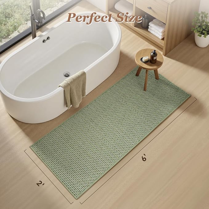 AMOAMI Unique Woven Bathroom Runner Rug, Super Absorbent Non Slip Bath Mats for Bathroom Textured Bathroom Mat Quick Dry Boho Rugs Runners for Hallyways Kitchen Bedroom Beside Tub, 2' x 6', Sage