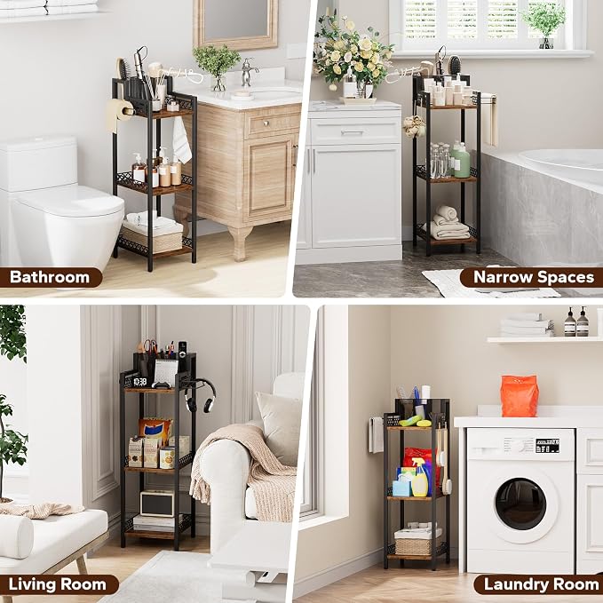 Bathroom Storage and Organizer Shelf Hair Dryer Holder, 9.85in 3-Tier Narrow Metal Standing Rack with Toilet Paper Holder, Corner Stand for Cosmetic, Vanity, Kitchen, Laundry Rustic Brown