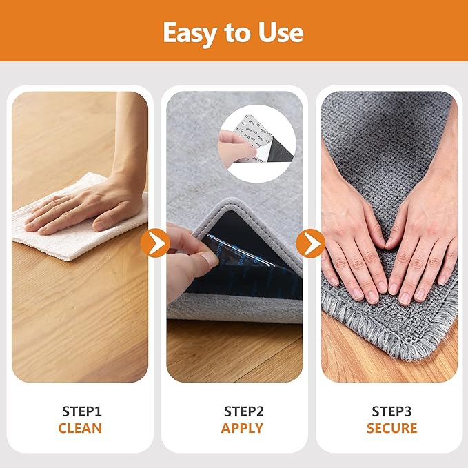 12 Pcs Rug Tape,Anti Slip Rug Pads Grippers for Hardwood Floors and Tiles,with Strong Adhesive Grid Backing -No Residue,Reusable Carpet Tape, Double-Sided Adhesive Rug Stickers