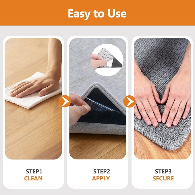 24 Pcs Rug Tape,Anti Slip Rug Pads Grippers for Hardwood Floors and Tiles,with Strong Adhesive Grid Backing -No Residue,Reusable Carpet Tape, Double-Sided Adhesive Rug Stickers