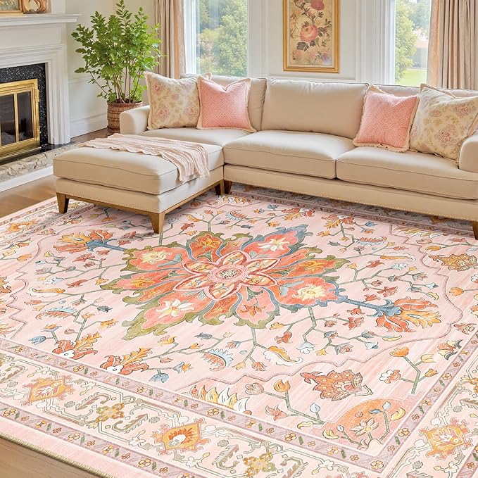 RELEANY Area Rugs 7'x10' Washable Non-Slip, Floral Vintage Distress Medallion Carpet for Living Room Bedroom Dining Room, Light Pink Colorful