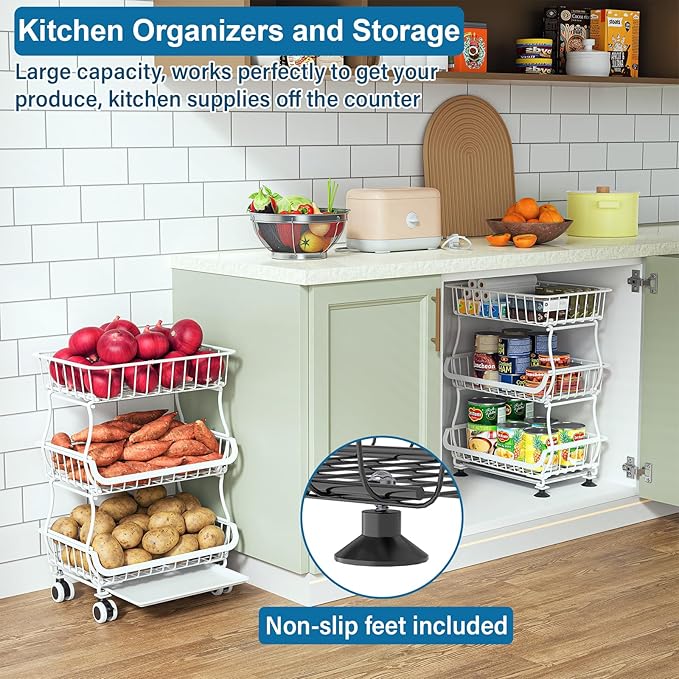 OKZEST 3-Tier Rolling Pantry Floor Organizer and Storage Cart with Wheels, Stackable Wire Pantry Baskets for Pantry Shelves, Kitchen Storage Rack and Fruit Basket Stand for Fruit Snack Onion Potato