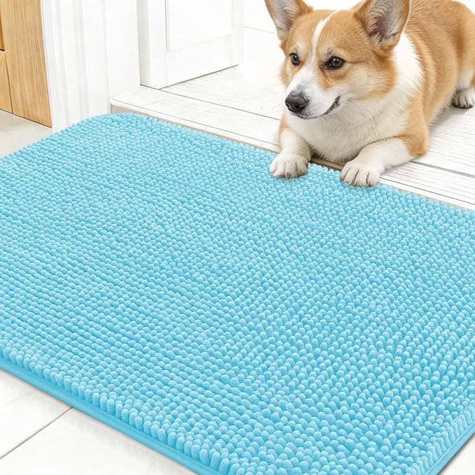 OLANLY Dog Door Mat for Muddy Paws 30x17, Absorbs Moisture and Dirt, Absorbent Non-Slip Washable Doormat, Quick Dry Chenille Mud Mat for Dogs, Entry Indoor Entryway Carpet for Inside Floor, Blue