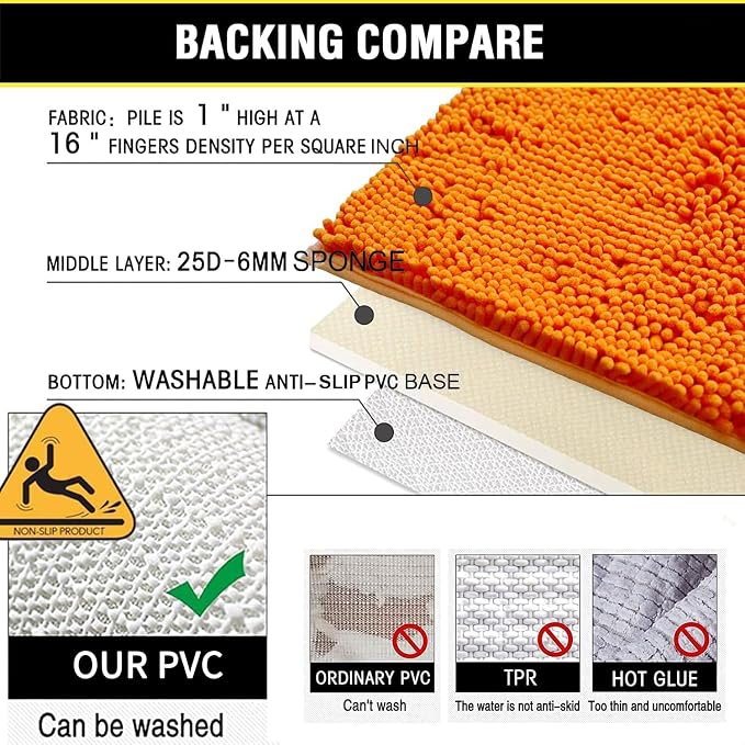 Bathroom Rugs Chenille 3-Piece Extra Soft and Absorbent Shag Bathroom Rugs, Machine Wash Mat, Strong PVC Non-Slip Underside, Plush Carpet Mats (Orange)