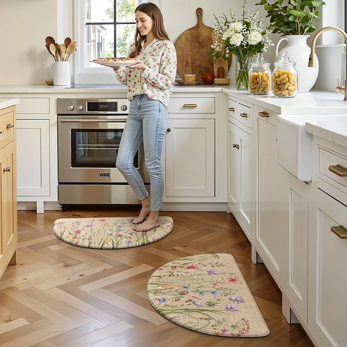 KIMODE Kitchen Mats for Floor Anti Fatigue, 18"x28" Half Round Cushioned Kitchen Floor Mats, Ergonomic Waterproof Standing Mats, Boho Kitchen Rugs Sets of 2 Non Skid for Laundry Office Light Brown