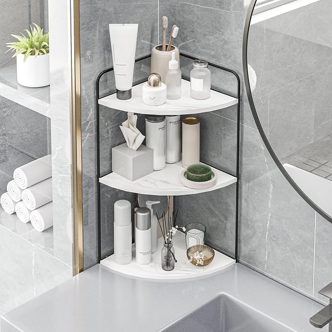 Forest Angle Bathroom Counter Organizer,Countertop Organizer,Vanity Organizers,Bathroom Storage,Bathroom Sink Caddy,Counter Shelf,Corner Counter,Corner Shelves(Black-White Marble)