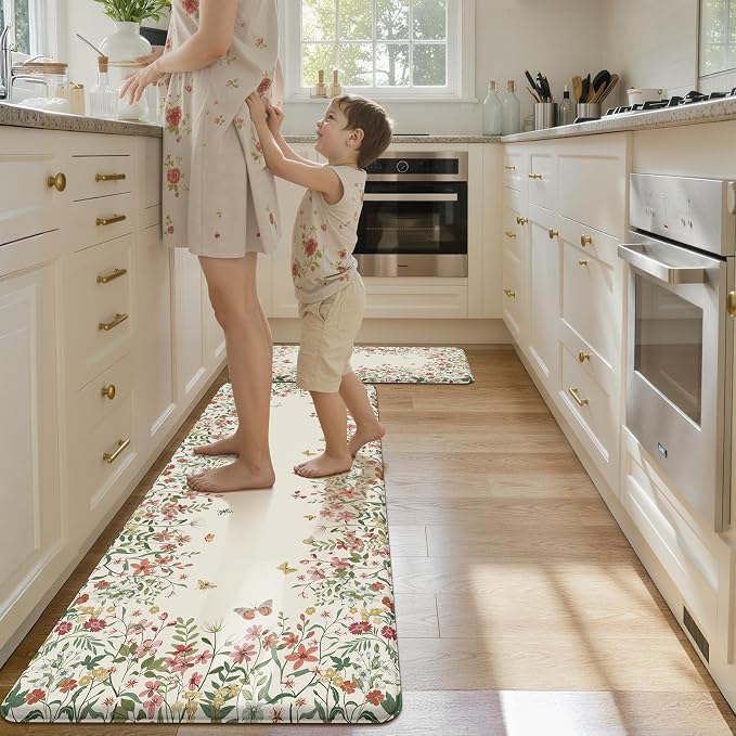KIMODE Anti Fatigue Kitchen Mats for Floor 2 Piece, Beige Farmhouse Kitchen Rugs Sets of 2, Non Slip Waterproof Kitchen Floor Mats, Standing Mats for Laundry Office Sink Desk 20"x59"+20"x32"