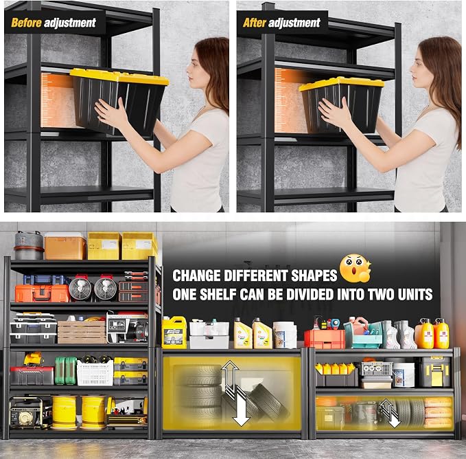 5-Pack Heavy Duty Garage Shelving for Garage, Warehouse & Workshop Organization, 71" H x 35" W x 16" D Adjustable 5-Tier All Metal Storage Shelf for Tools, Storage Bins & Bulk Items