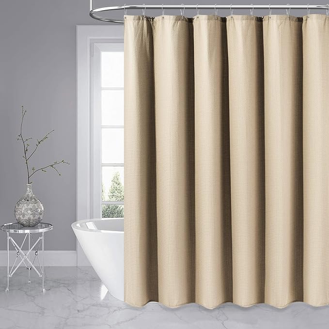 Dynamene Beige Fabric Shower Curtain - Waffle Textured Heavy Duty Cloth Shower Curtains for Bathroom, 256GSM Hotel Spa Luxury Weighted Bath Curtain Set with 12 Plastic Hooks,72x72, Beige/Khaki