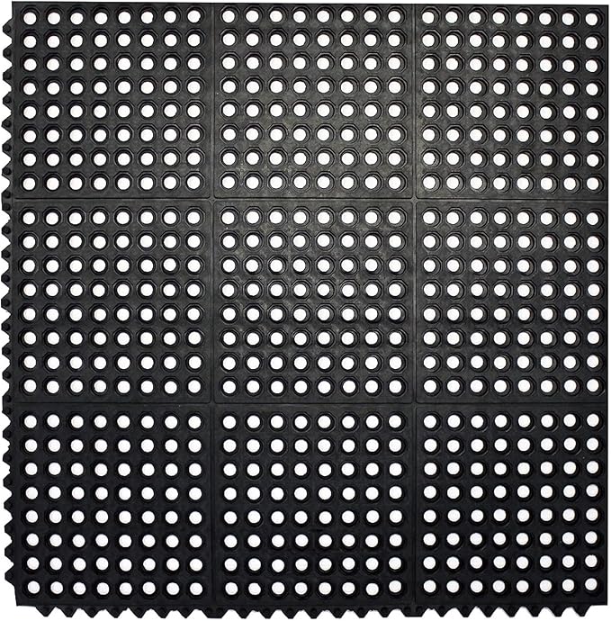 Envelor Interlocking Rubber Floor Tiles with Drainage Holes Anti Fatigue Garage Floor Mat Non Slip Wet Area Mat for Bar, Kitchen, Restaurant, Outdoor, Modular Snap Together 4-Pack, 36 x 36 inches