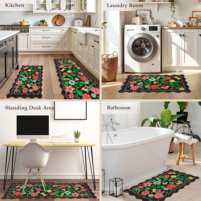 Arenarug Scalloped Black Kitchen Mats for Floor 2PC Cushioned Anti Fatigue Kitchen Mats Rugs Waterproof Non Slip Boho Floral Comfort Foam Standing Mat for Sink Laundry,17.3x30+17.3x59