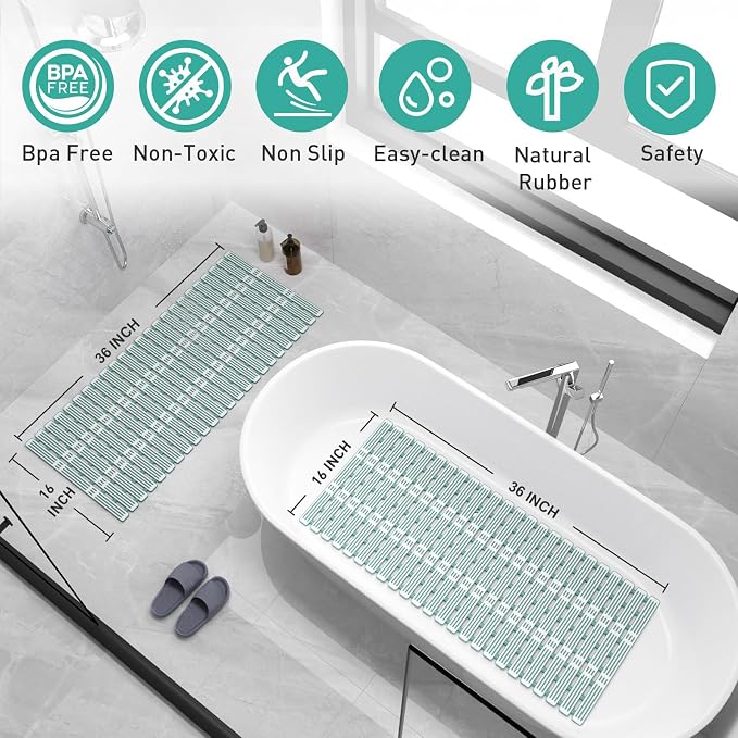 XIYUNTE Shower Mat Non Slip Bath Mat for Tub - 36 x 16 Inch Bathtub Mat Non Slip Shower Mats for Inside Shower, TPE Bath Mat with Suction Cups and Drain Holes, Easy to Cut, Green
