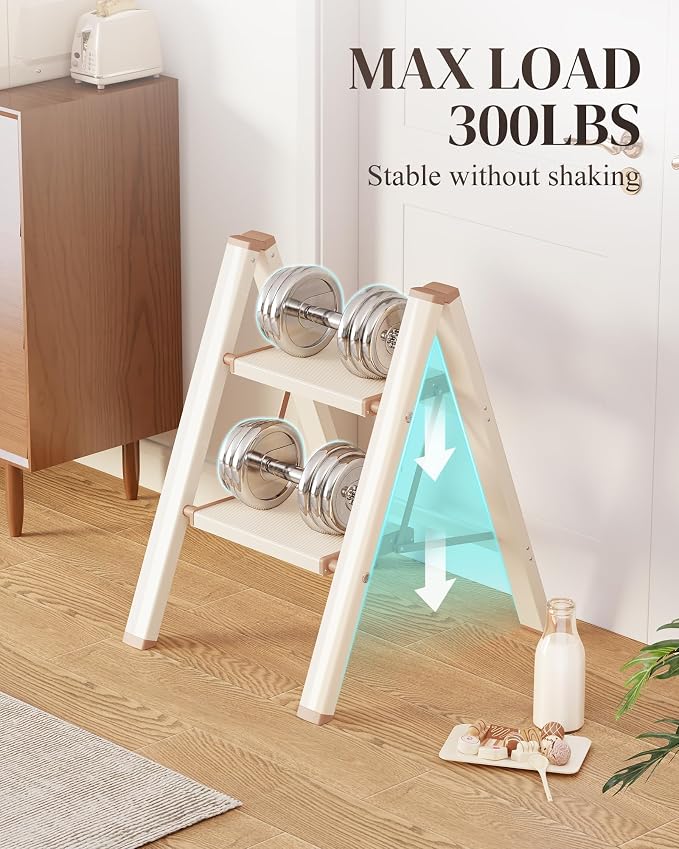 2 Step Ladder, Folding Step Stool with Wider Pedal, Anti-Slip Feet & Non Slip Stripes, Aluminum Sturdy Material, 300Lbs Capacity, Elegant Look of Cream Chocolate Better Matches Your Home