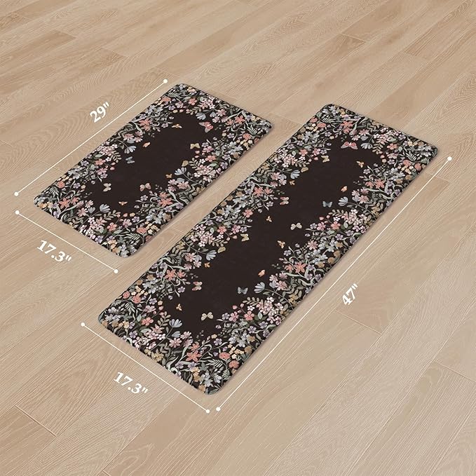 KIMODE Anti Fatigue Kitchen Mats for Floor, Farmhouse Black Kitchen Rugs Sets of 2, Summer Cushioned Kitchen Floor Mats, Comfort Standing Mats for Sink Laundry Office Desk 17"x47"+17"x29"