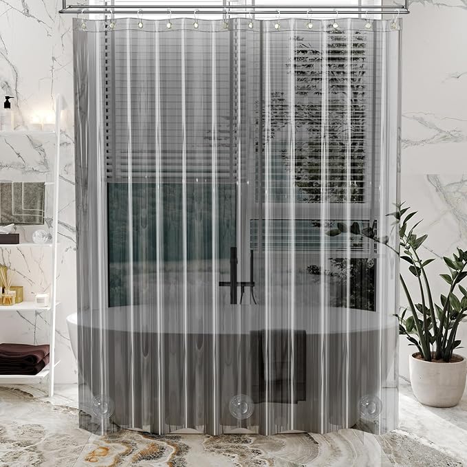AmazerBath Premium EVA Shower Curtain Clear Grey, Luxury Shower Curtain Grey Jelly-Like Soft, Waterproof Bathroom Curtain with 3 Weighted Stones and 12 Grommets, Recyclable Packaging