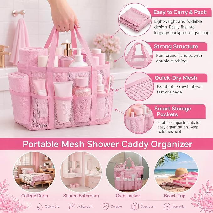 Hosuly 3-in-1 Dorm Shower Kit Large Mesh Shower Caddy, 2 Pack Quick Dry Microfiber Towels 28'' x 55''& Non-Slip Bathroom Shoes, and Quick Dry Gym Travel Kit for Women