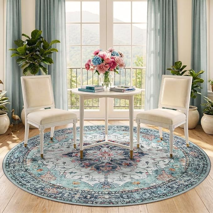 RELEANY Area Rugs Round 5ft Washable Non-Slip, Floral Vintage Distress Medallion Carpet for Living Room Bedroom Dining Room, Green Navy Blue White Red Teal