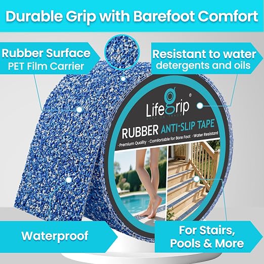 LifeGrip Rubber Anti Slip Tape, Waterproof Grip Tape for Pool, 4 Inch x 38 Foot Non Slip Safety Tape for Stairs, Outdoor, Shower, Wooden Stairs, Textured Comfortable for Bare Foot, Blue