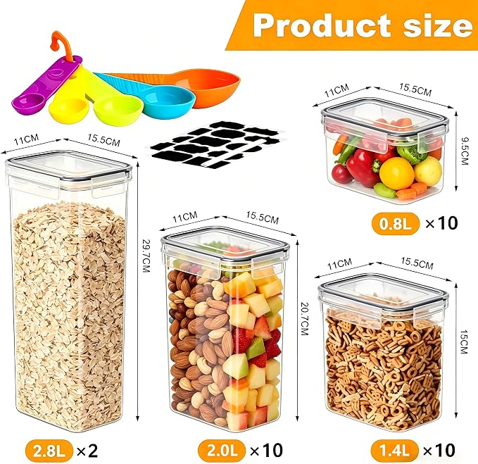 32 Pack Airtight Food Storage Containers with Lids, BPA Free Clear Plastic Pantry Storage Containers, Kitchen Pantry Organizers for Cereal, Flour, Sugar, Dry Food
